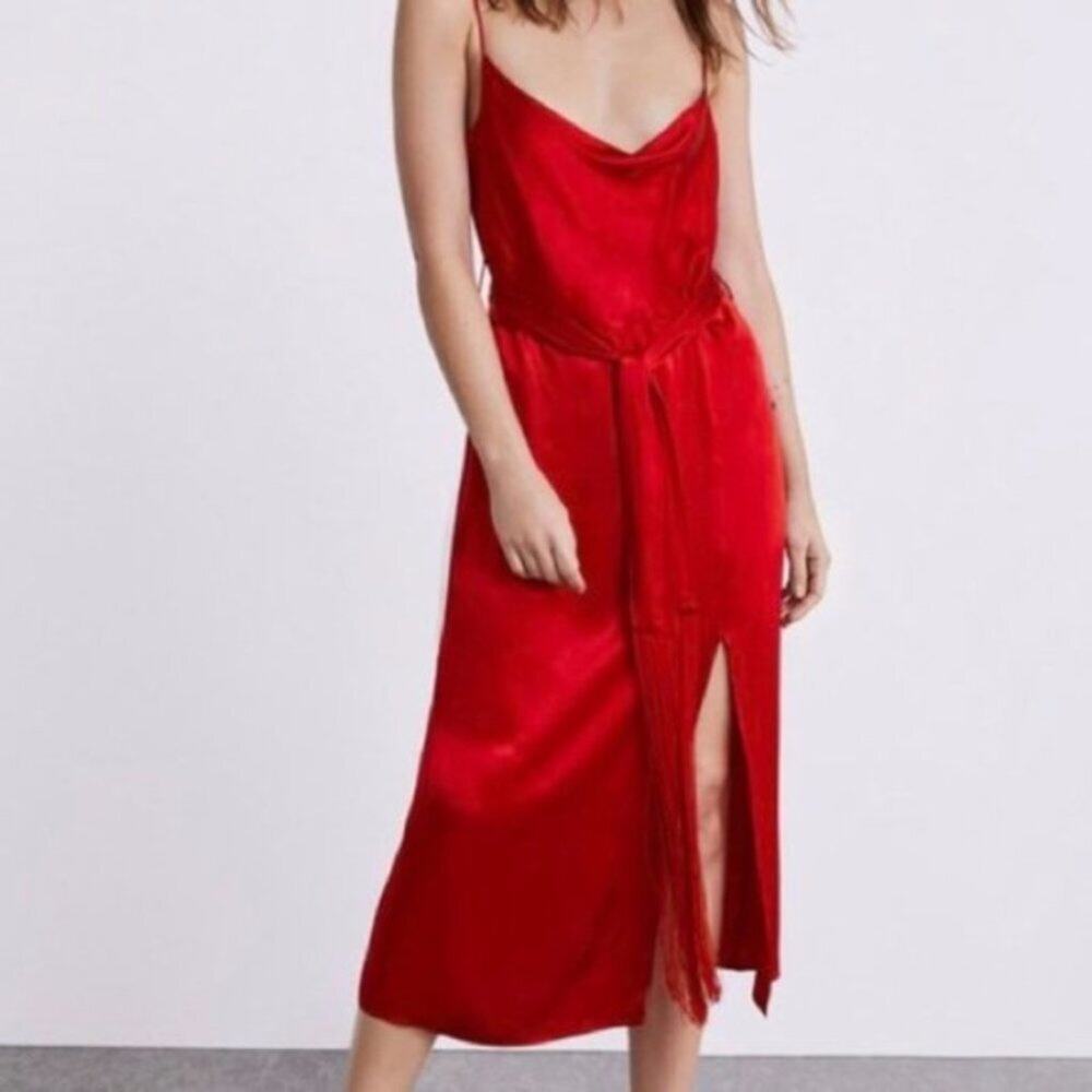 Zara Red Satin Midi Dress with Side Slit